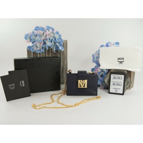 MCM Maritime Blue Leather Mena Crossbody Chain Card Case Accordion Wallet NWT - Picture 1 of 8